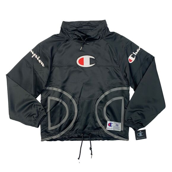 Champion Sweatshirt Mens Small Black Mesh Lining Drawstring High Neck Big C Logo - Picture 1 of 11